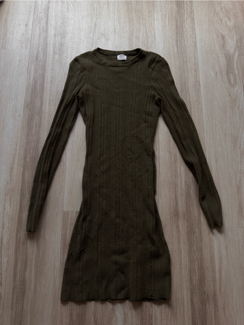 Ribbed Olive Green Long Sleeve Knit Dress